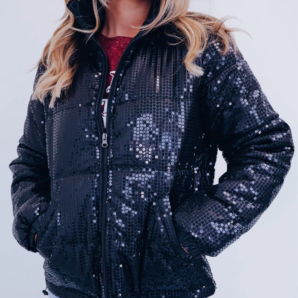 SOUTHERN SPARKLE SEQUIN PUFF JACKET - BLACK - Picture 3 of 5